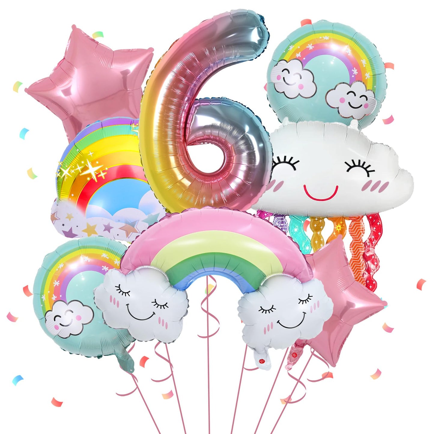 6th Birthday Balloons for Girl 8 Pcs 6 Balloons Birthday Foil Balloons with Rainbow Pink Star Pastel Round Balloons Number 6 for Girls Birthday Party Baby Shower Supplies