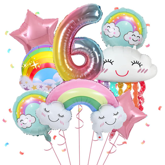 6th Birthday Balloons for Girl 8 Pcs 6 Balloons Birthday Foil Balloons with Rainbow Pink Star Pastel Round Balloons Number 6 for Girls Birthday Party Baby Shower Supplies