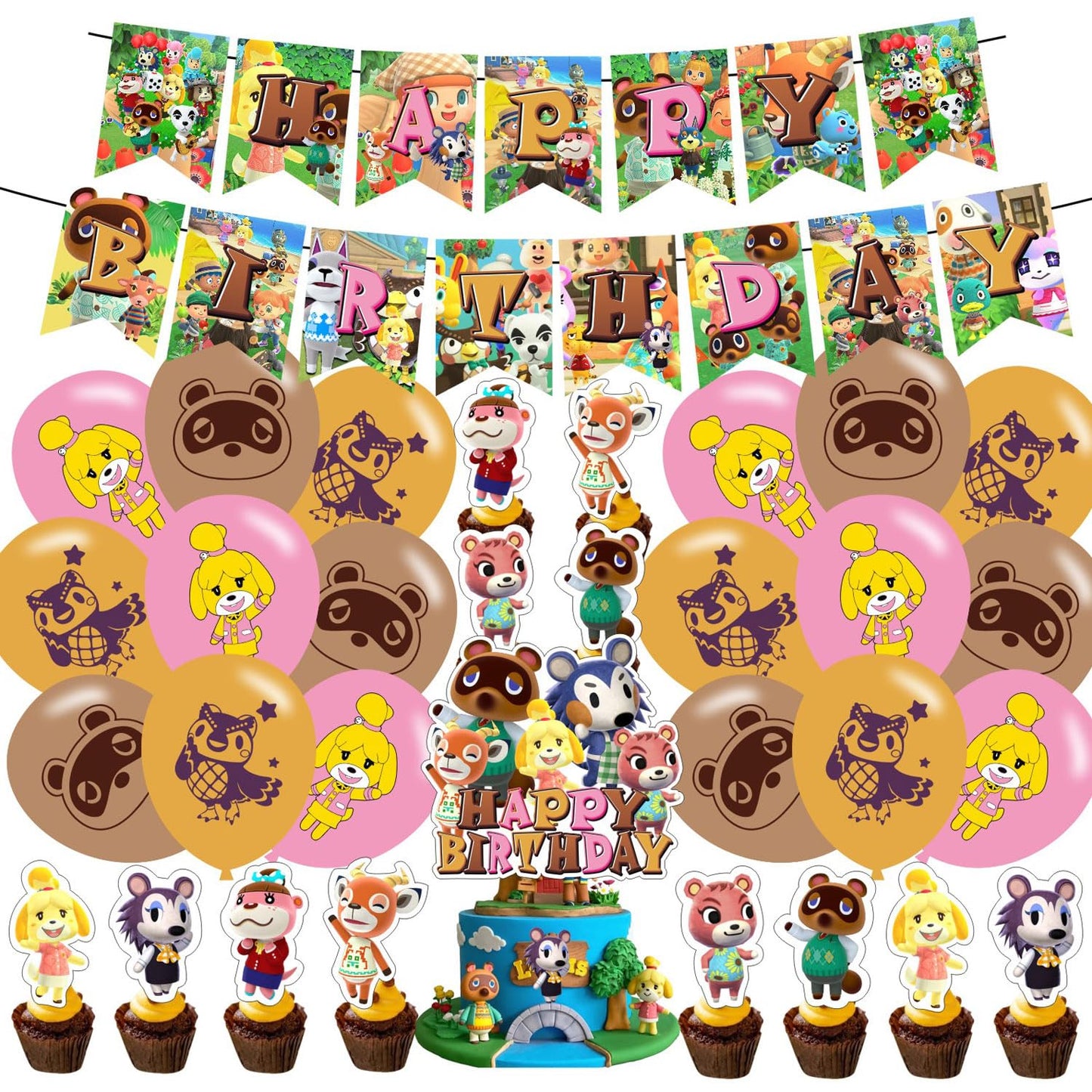Animal Cross-ing Themed Birthday Party SuppliesAnimal Game Balloons Decorations for New Horizons Party Happy Birthday Balloons Cupcake Toppers Cake Toppers