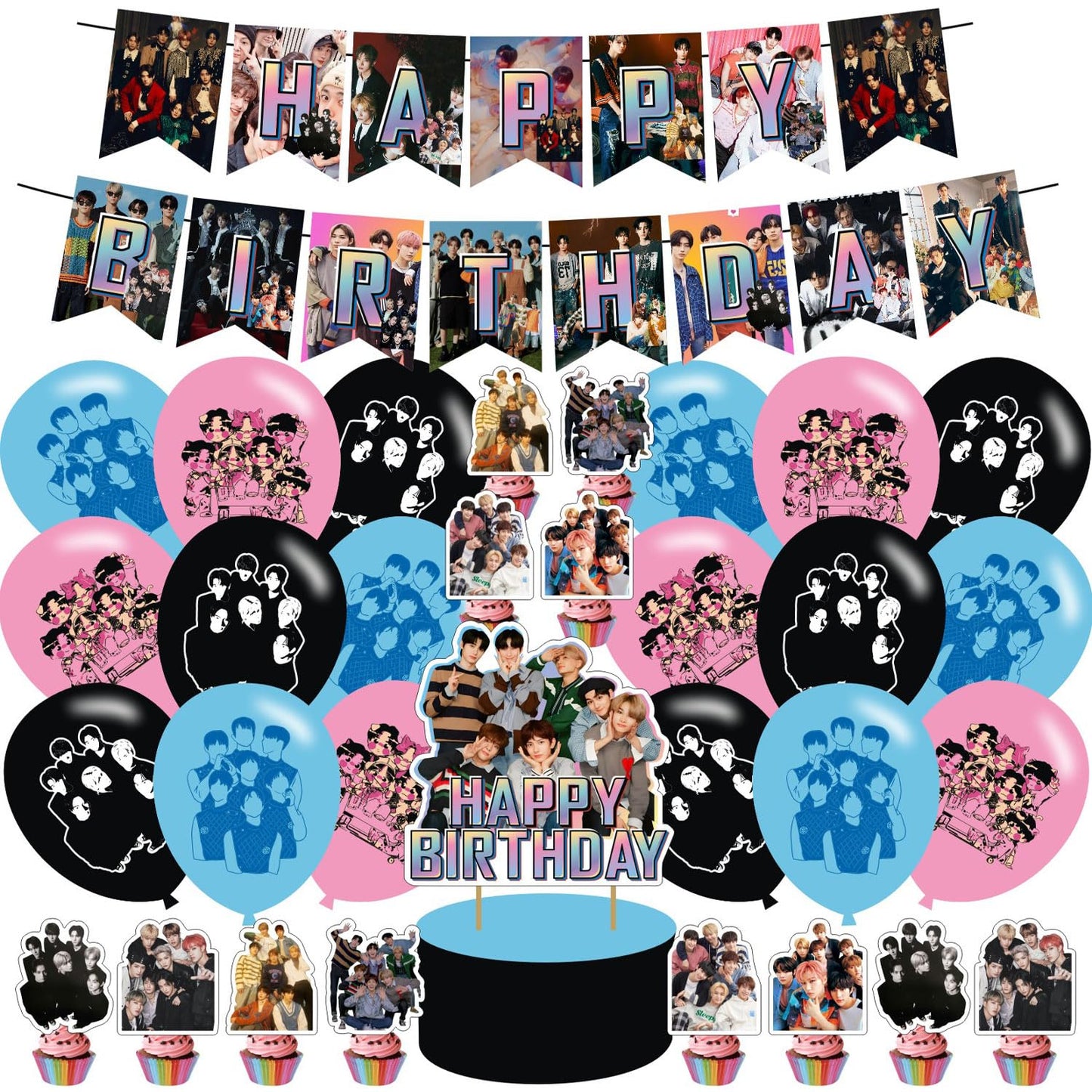 E-NHYPEN Themed Birthday Party SuppliesE-NHYPEN Team Balloons Decorations for Party Happy Birthday Balloons Cupcake Toppers Cake Toppers Singer Fans Themed Latex Balloons