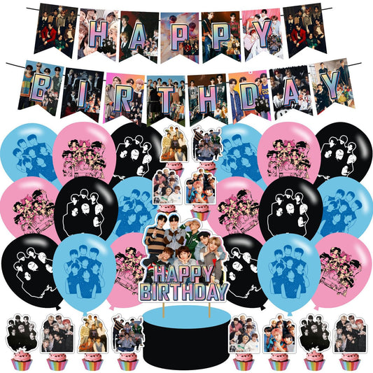 E-NHYPEN Themed Birthday Party SuppliesE-NHYPEN Team Balloons Decorations for Party Happy Birthday Balloons Cupcake Toppers Cake Toppers Singer Fans Themed Latex Balloons