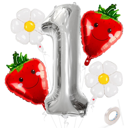 TIPKITS Berry First Birthday Balloons 40 Inch Strawberry First Birthday Decor with Ribbon Strawberry Balloons Birthday Decorations Strawberry Baby Shower Decorations - Silver